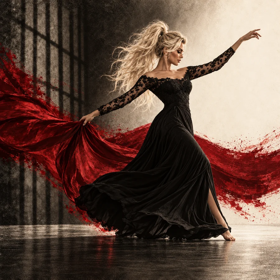 Painted adult dancer in black couture with flowing crimson fabric