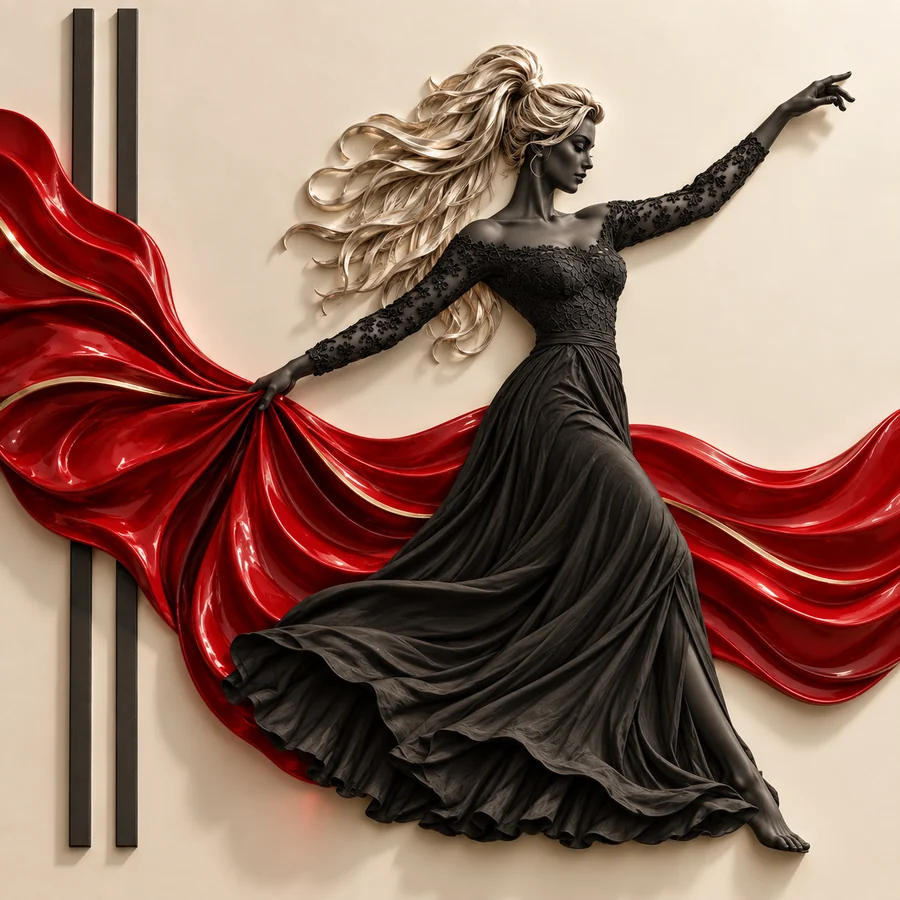 Digital relief study of an adult dancer in black with sculptural crimson fabric
