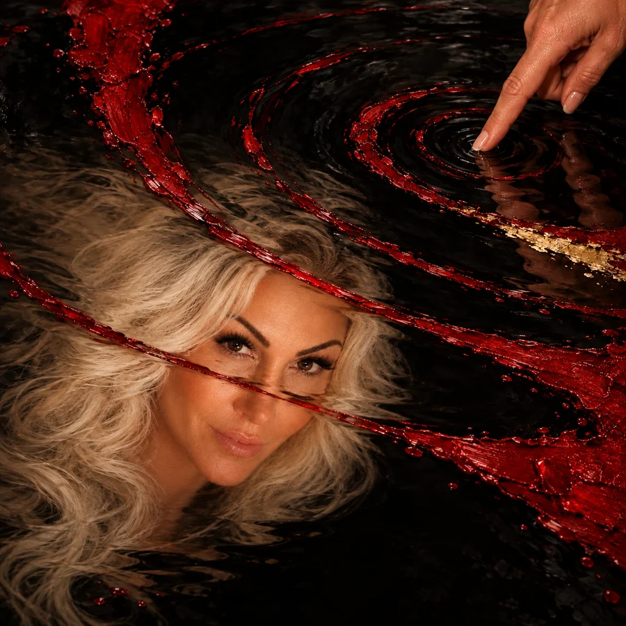 Artist artwork with an adult woman’s face reflected among dark and crimson ripples