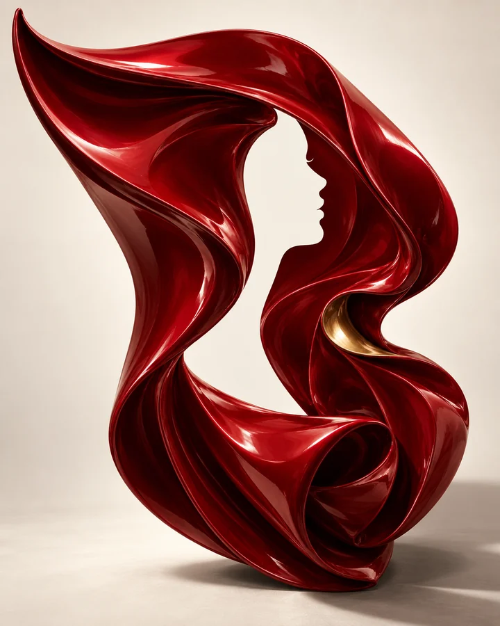 Digital sculptural study with a face-shaped opening in flowing crimson forms