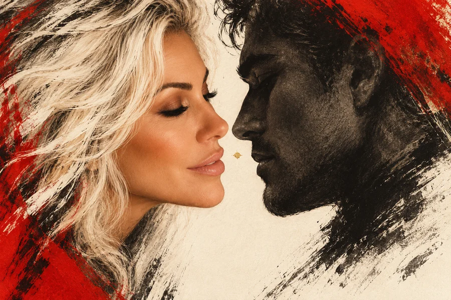 Expressive charcoal and crimson artwork of two adult profiles, with a gold accent between their faces