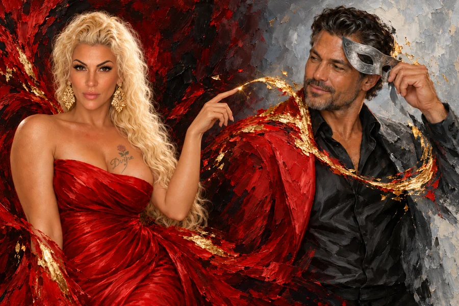 Painting of two fully clothed adults with a golden ribbon of light between them