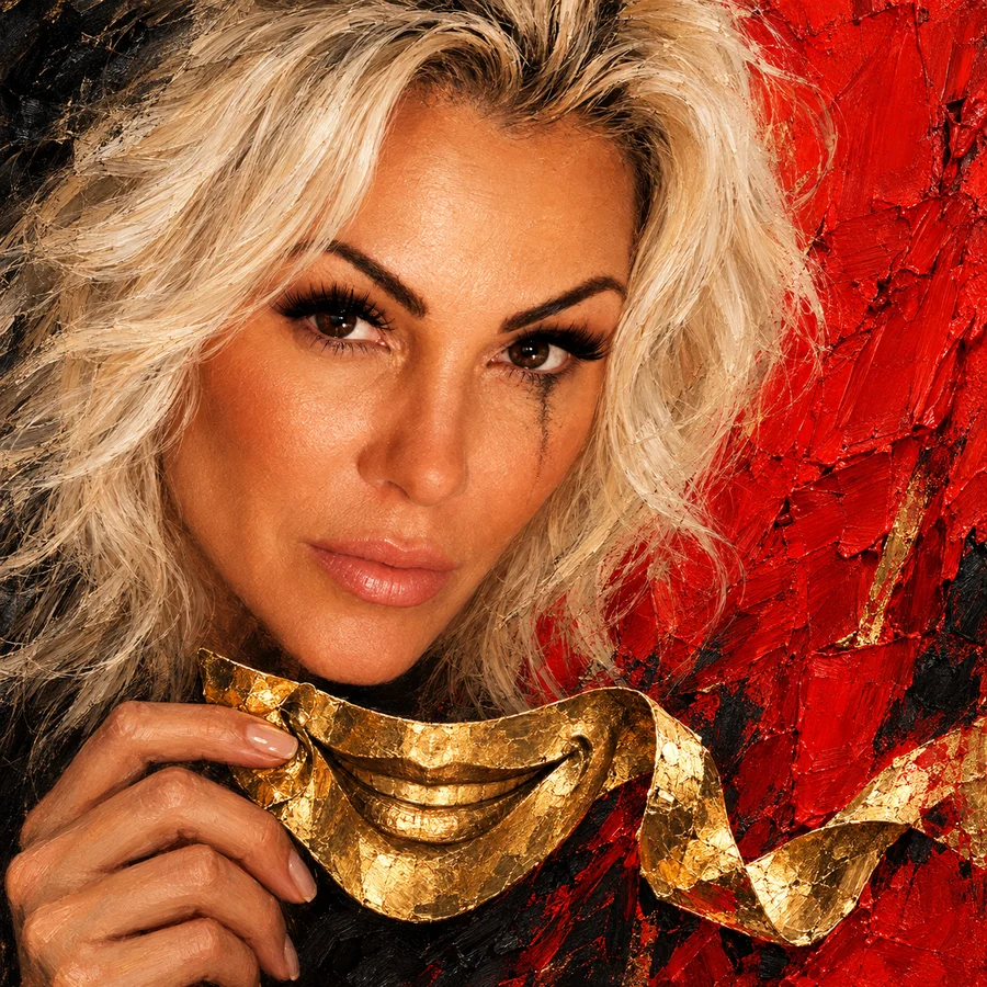 Adult Gigi Nicole artist artwork holding a golden theatrical mask
