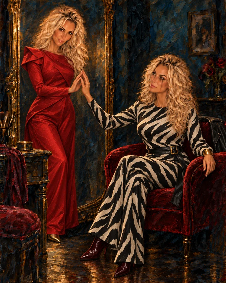 Painting of a woman in a crimson gown extending a hand toward a seated woman in a mirror