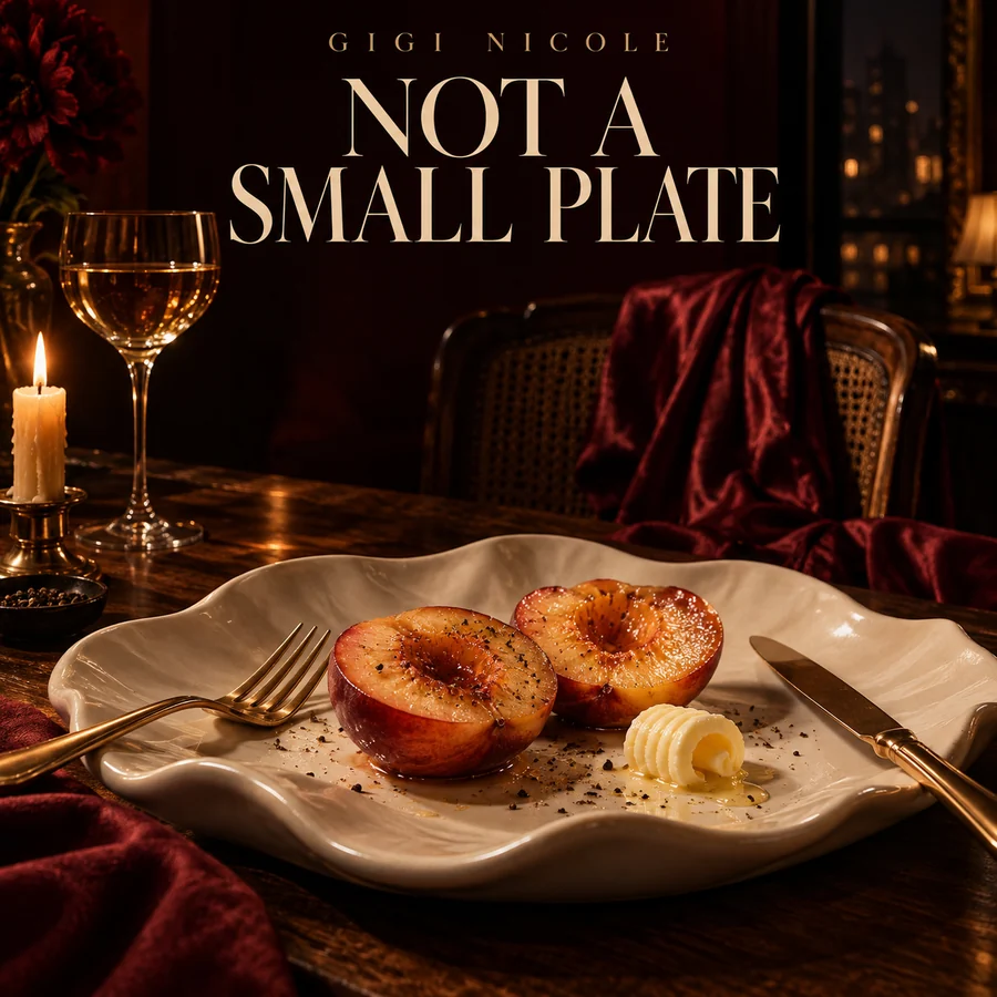 Gigi Nicole studio cover artwork with a candlelit table and plated peaches