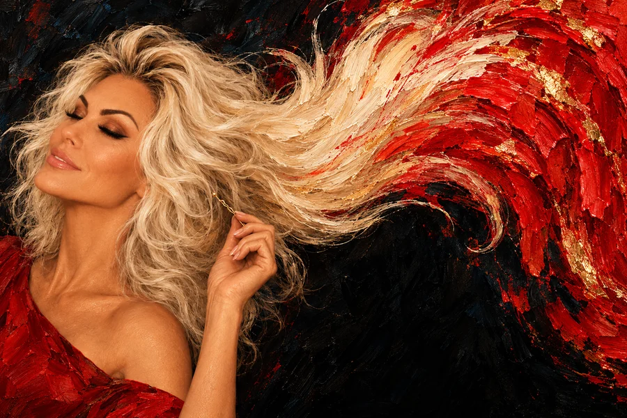 Painterly adult woman with platinum curls turning in a sweep of crimson color