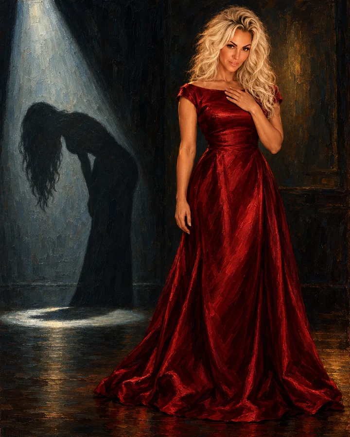 Painting of an adult woman standing upright in a crimson gown while her painted shadow bows