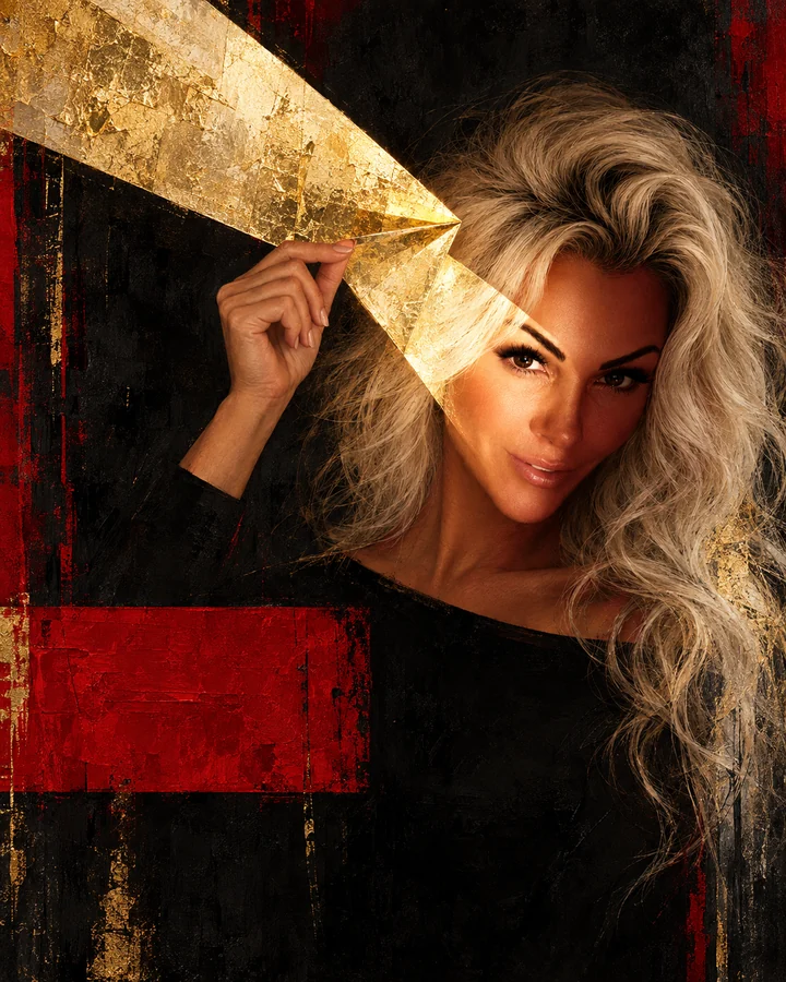 Painting of an adult woman lifting a gold shape into the light across her eyes