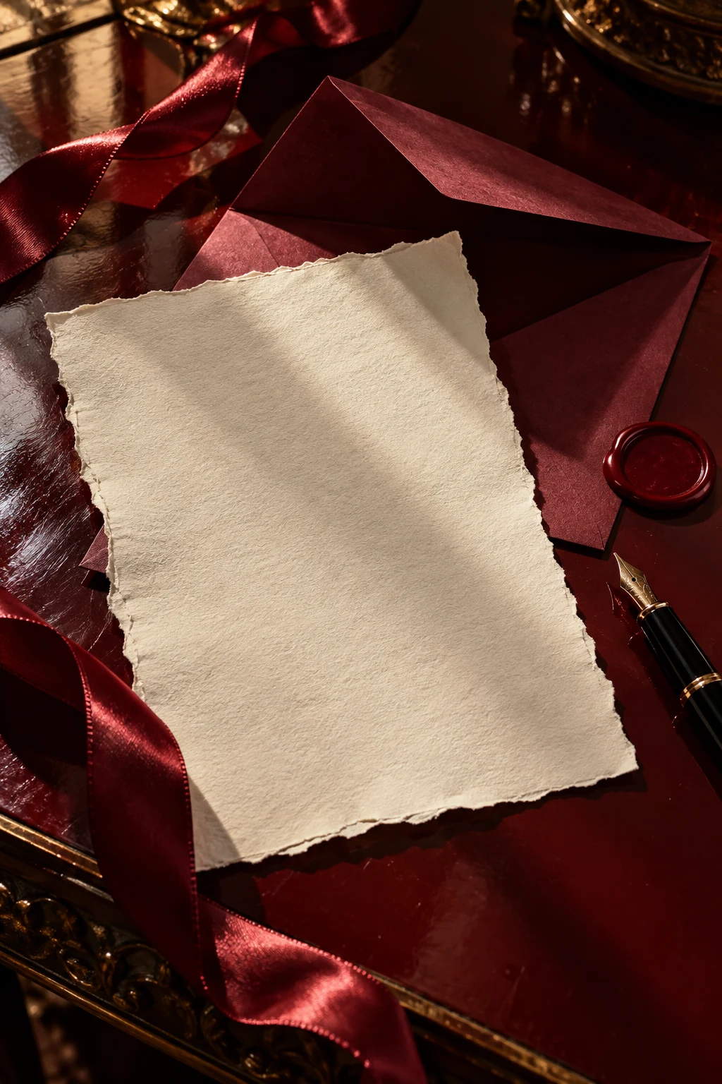 Conceptual blank letter, red envelope, wax seal and fountain pen