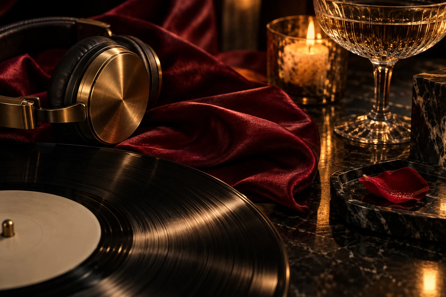 Conceptual vinyl and headphones still life